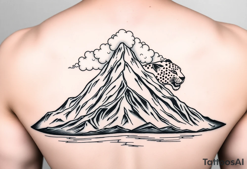 Primary focus is a mountain. At the crown of the mountain is a swath of puffy cumulus clouds. On the right side of the clouds, they form a very subtle jaguar face. At the base of the mountain is a reflective salt flats. Use Peruvian accents in the design tattoo idea