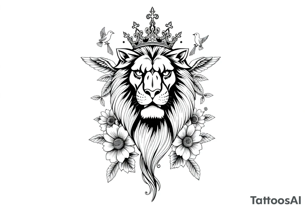 powerful majestic lion with a crown, surrounded by floral ornaments and birds tattoo idea