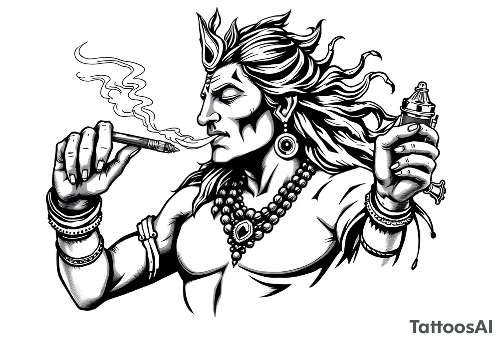 Shiva smoking a joint with one hand and spraying with another hand tattoo idea