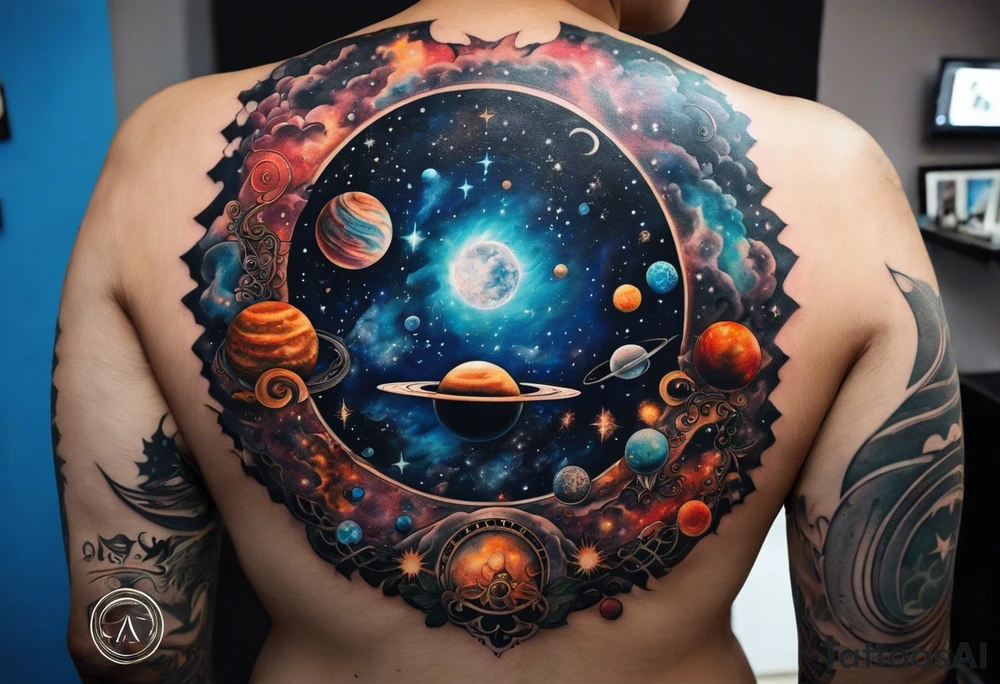 A tattoo featuring a cosmic scene with planets, black holes, and supernovae intertwined with intricate linguistic symbols, reflecting the client's interests in cosmology and linguistics. tattoo idea