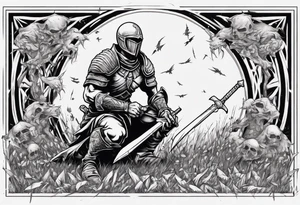 Warrior kneeling upon a field of fallen enemies tattoo idea