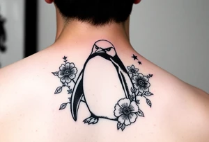 Penguin with stars and flowers black ink tattoo idea