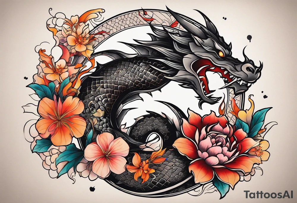 Makes an image that MIXES with lightsabers, charizard, nezuko kamado, or a ring, wands, dragons, WITH FLOWERS tattoo idea