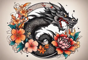 Makes an image that MIXES with lightsabers, charizard, nezuko kamado, or a ring, wands, dragons, WITH FLOWERS tattoo idea