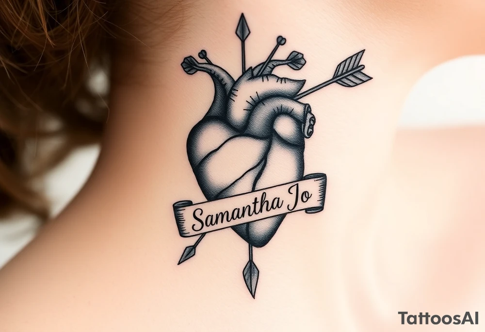 anatomical heart pierced by ornate arrow with flowing ribbons with the name Samantha Jo tattoo idea