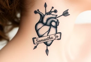 anatomical heart pierced by ornate arrow with flowing ribbons with the name Samantha Jo tattoo idea