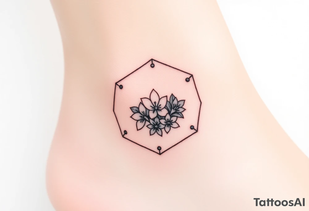 Faint Hexagon with astrological sign for Leo, larkspur and water lilies in the center tattoo idea