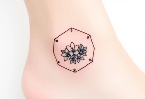 Faint Hexagon with astrological sign for Leo, larkspur and water lilies in the center tattoo idea