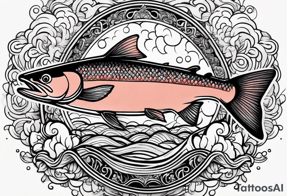 a salmon surrounded by solid color background design tattoo idea