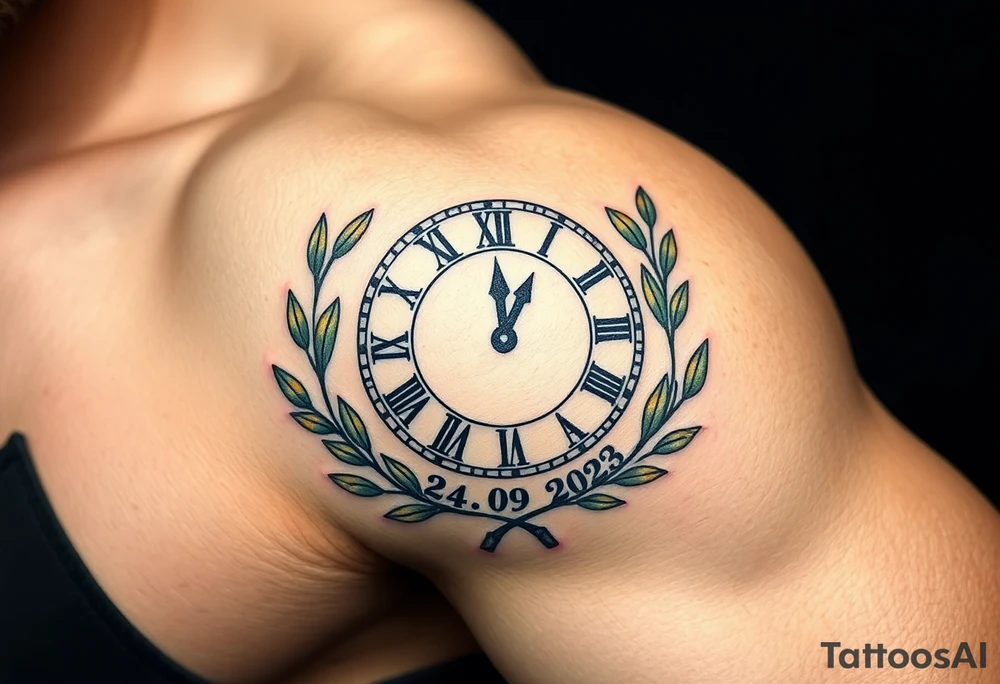 A Roman numeral clock surrounded by olive branches, included baby´s name "Erik" and birth date "24. 09. 2023 in muted green and gold tattoo idea