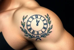 A Roman numeral clock surrounded by olive branches, included baby´s name "Erik" and birth date "24. 09. 2023 in muted green and gold tattoo idea