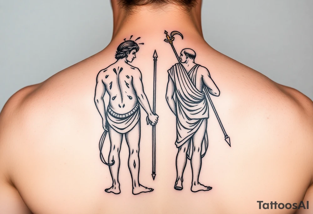 dionysos and apollo standing back on back tattoo idea