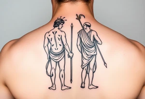 dionysos and apollo standing back on back tattoo idea