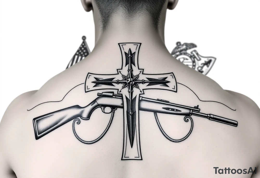 realistic Battlefield Memorial Cross Rifle, with Navy and marine corps flags in the background tattoo idea