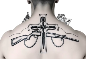 realistic Battlefield Memorial Cross Rifle, with Navy and marine corps flags in the background tattoo idea