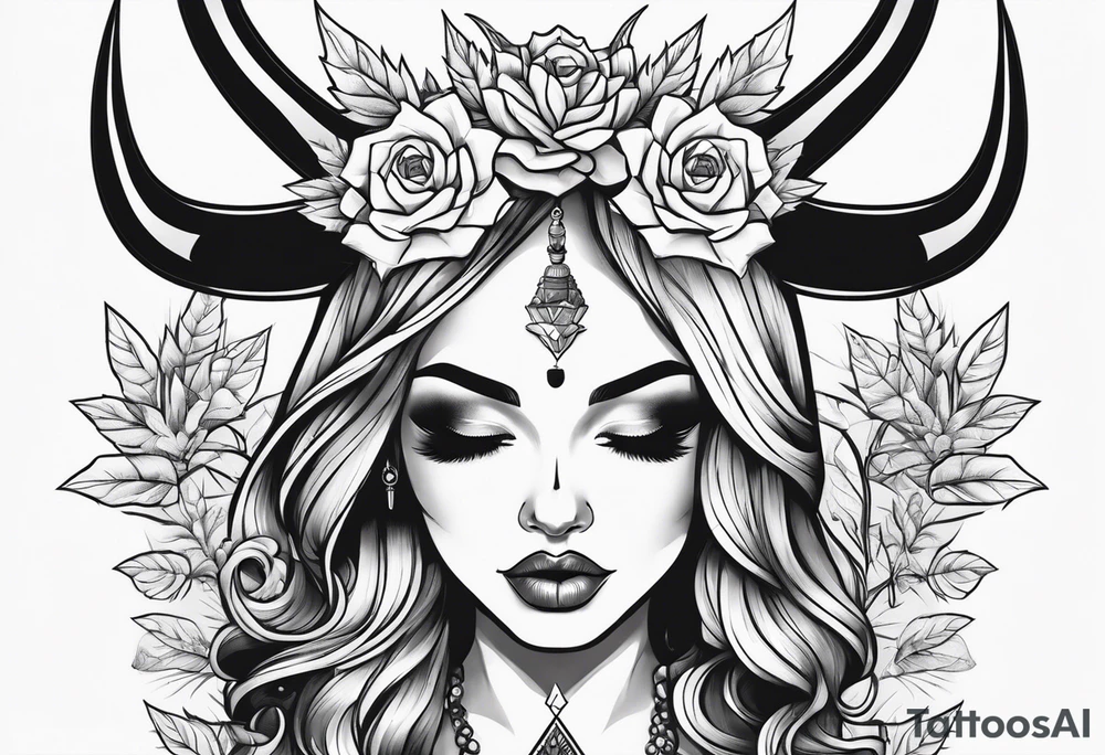 Weed  girl with horns with weed buds smoking a joint trippy backround tattoo idea