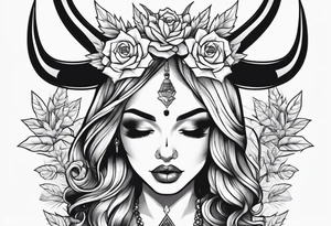 Weed  girl with horns with weed buds smoking a joint trippy backround tattoo idea