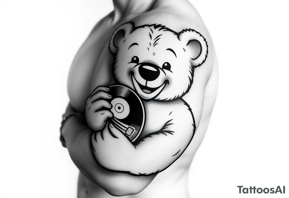 smiling cartoon teddy bear holding a vinyl record tattoo idea smiling cartoon teddy bear holding a vinyl record tattoo idea