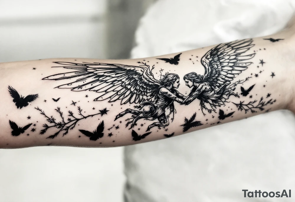 Arm sleeve with angels as a memorial tattoo idea