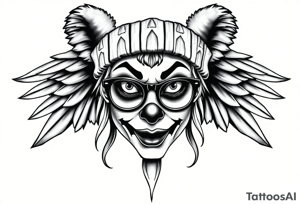 Clown Girl eye glasses 
Thug Beanie Angelic Wings tattoo idea