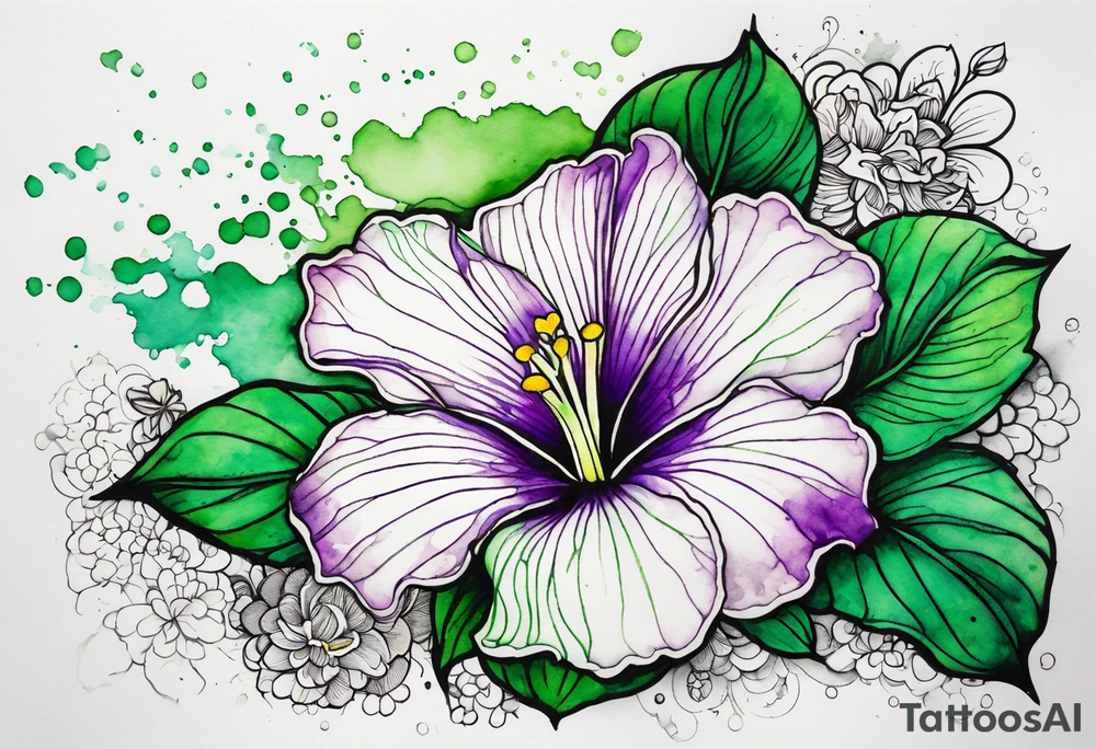 A mystical outline of a rio dipladenia flower and a green and purple watercolor splash in the background tattoo idea
