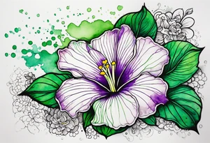 A mystical outline of a rio dipladenia flower and a green and purple watercolor splash in the background tattoo idea