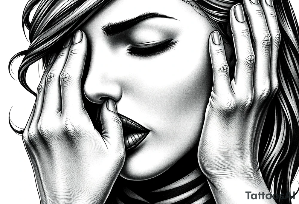 Black and grey realism tattoo design of a beautiful woman's face. Both her eyes  closed  (see no evil), her lips are stiched shit like sown with needle and thread like nightmare befire christmas (speak no evil). With her right hand covering her right ear and the left covering  Her left ear The style is black and grey realism, hyper-realistic, dark, and evil. Incorporate ninja gear elements and mechanical details (gears) subtly into the background or clothing for a gear ninja evil look. Design for a full forearm sleeve placement tattoo idea