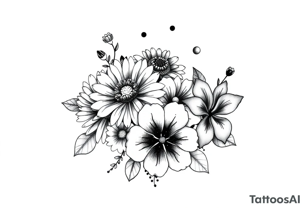 Honeysuckle, marigold, chrysanthemum, and violet bouquet tattoo idea