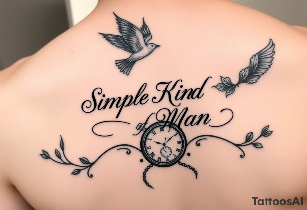 Design a tattoo featuring the quote ‘Simple Kind of Man’ in elegant, flowing script. Surround it with symbolic elements that reflect the meaning of the Lynyrd Skynyrd song: a bird in flight to symbolize freedom, a vintage pocket watch to represent wisdom and time, and a gentle mother’s hand or silhouette to symbolize guidance. Use soft black and gray shading with a balanced, sentimental feel. Intended for inner forearm or left chest. tattoo idea
