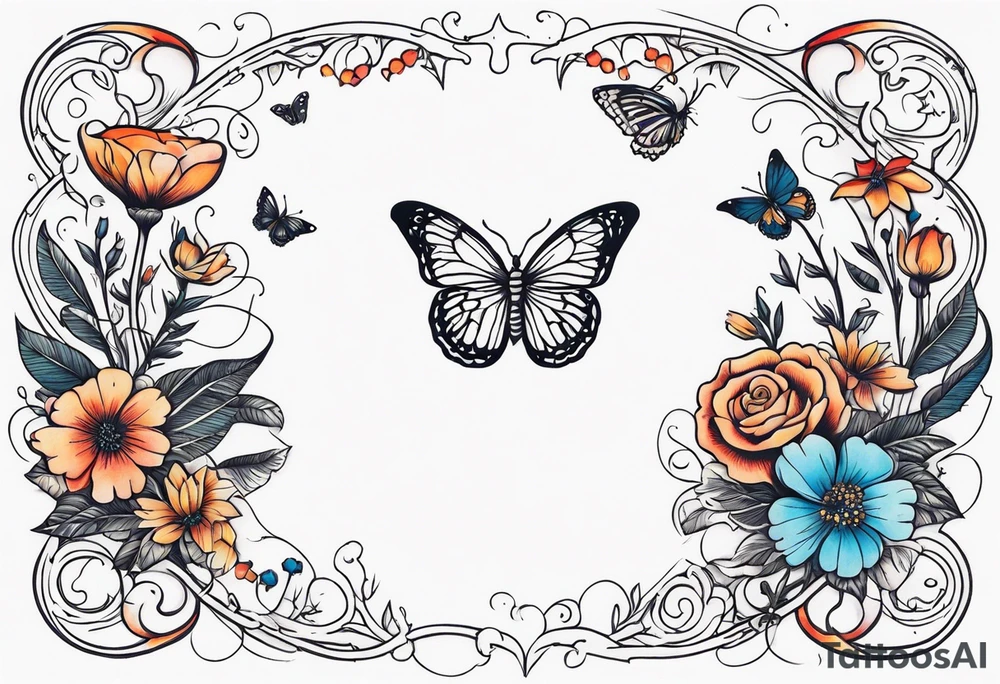 rib bones with flowers surrounding it and butterflies tattoo idea