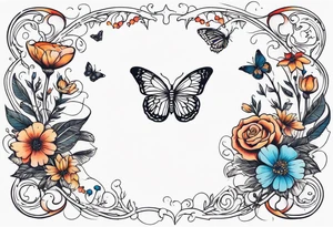 rib bones with flowers surrounding it and butterflies tattoo idea