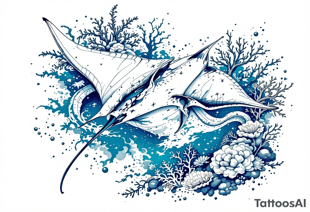 Manta ray swimming, coral reef bellow for forearm tattoo idea