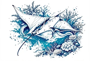 Manta ray swimming, coral reef bellow for forearm tattoo idea