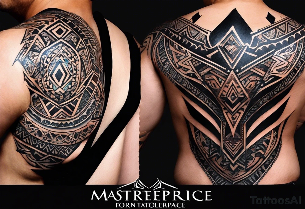 créer un tatouage pour homme dont le design part de l'omoplate et remonte vers l'épaule et passe sur le torse. Dans un style tribal et fantasy, il va prendre comme fond une montagne enneigée. Il y a ensuite un arbre de vie avec à sa base un taureau de terre et un tigre de feu, dans les branches de l'arbre, il y a un lapin d'eau et un serpent de bois qui courent tattoo idea