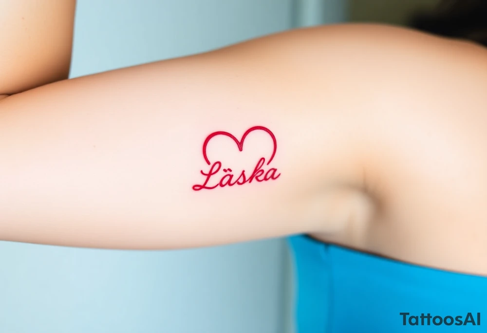 An infinity symbol, one loop forming a heart shape, with the word "Láska" in deep red blending into the design tattoo idea