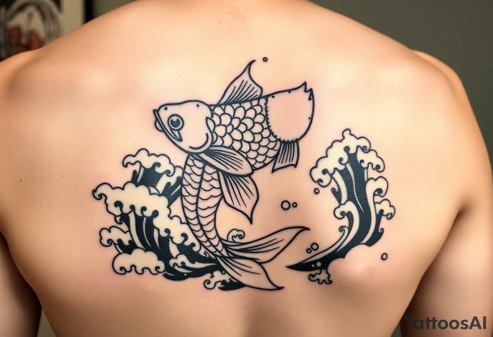 traditional koi fish swimming upstream through turbulent waves tattoo idea