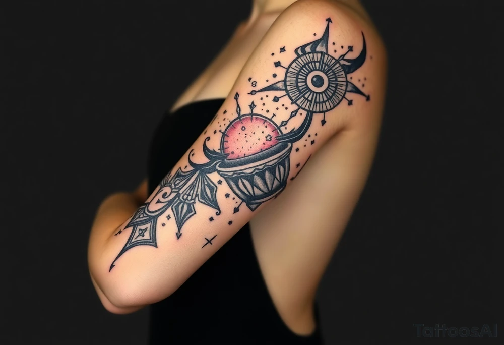 Milky way filled with zodiac symbols runes tarot cards coming out of a cauldron tattoo idea