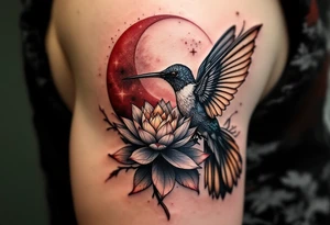 A hummingbird drinking from a lotus flower with one wing made of light (sun disc) and the other made of shadow (crescent moon) (red and black only) tattoo idea