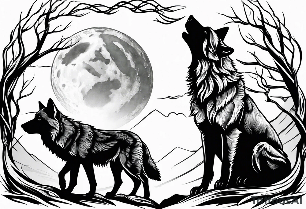 Wolfs and cubs howling at moon tattoo idea