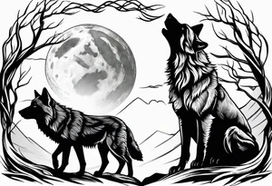 Wolfs and cubs howling at moon tattoo idea