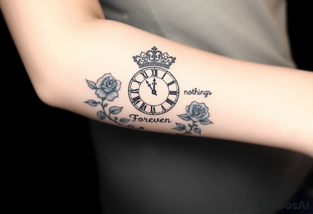 Roman clock with a crown, with roses and a quote that says nothings forever and with a deck of cards gangster chicano style tattoo idea