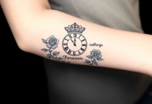 Roman clock with a crown, with roses and a quote that says nothings forever and with a deck of cards gangster chicano style tattoo idea