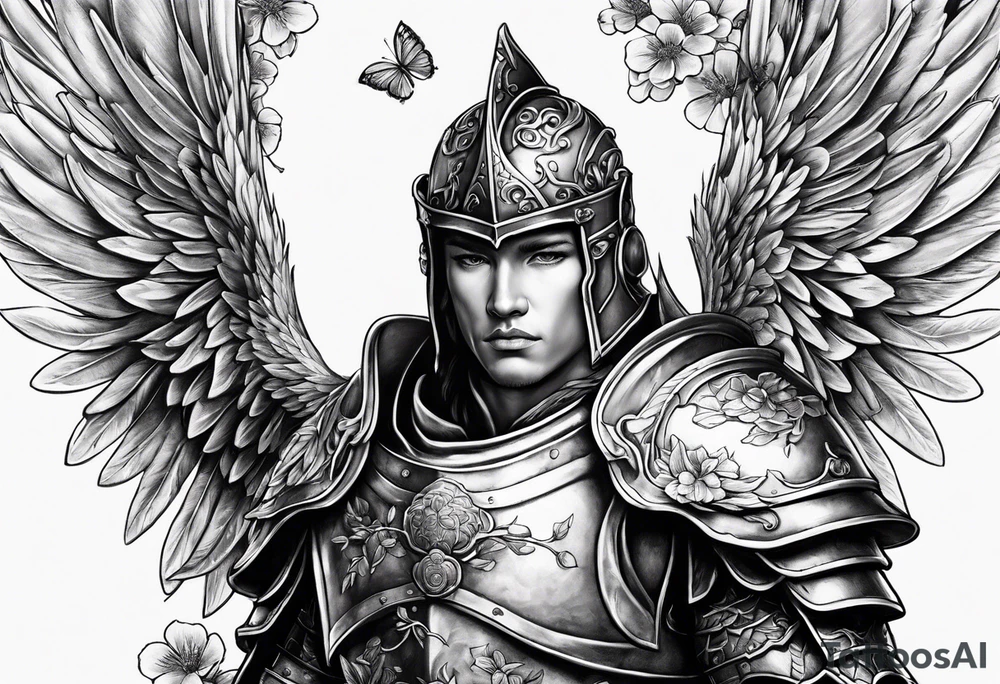 Angel in armor under a cherry blossom tree tattoo idea