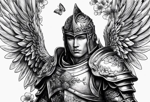 Angel in armor under a cherry blossom tree tattoo idea
