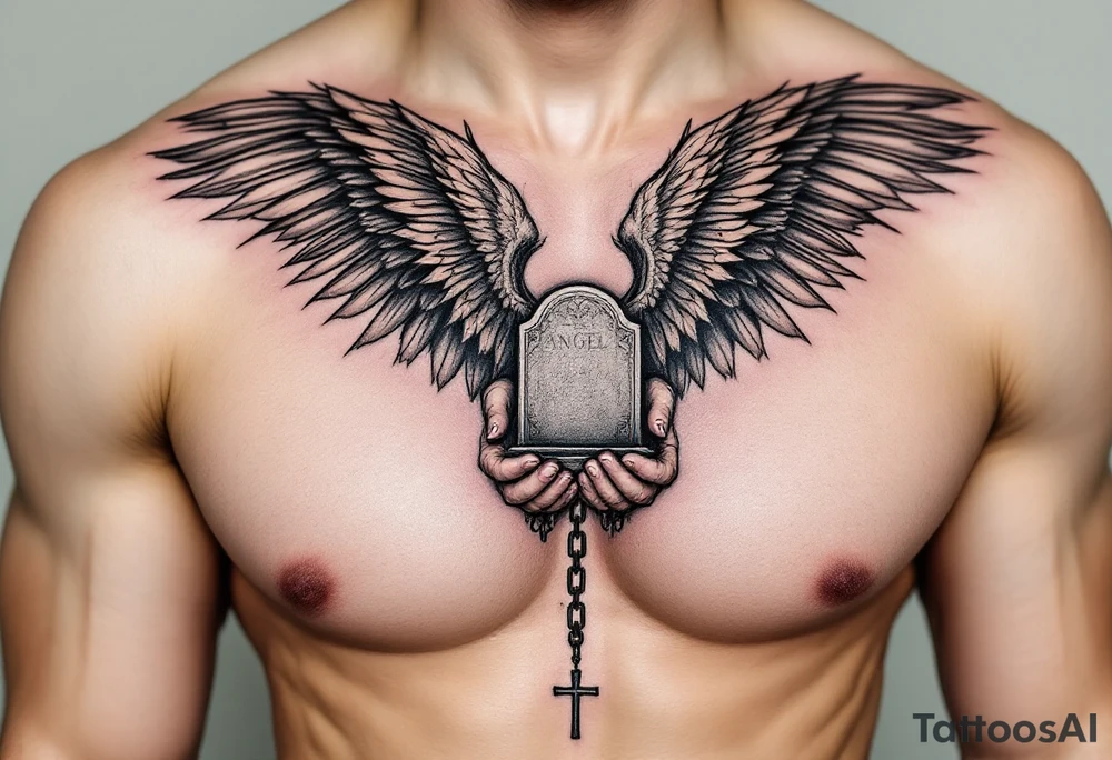 Angel hold headstone in hands with a cross chain hanging down with large wings tattoo idea