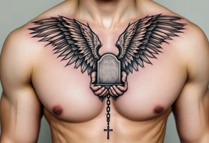 Angel hold headstone in hands with a cross chain hanging down with large wings tattoo idea