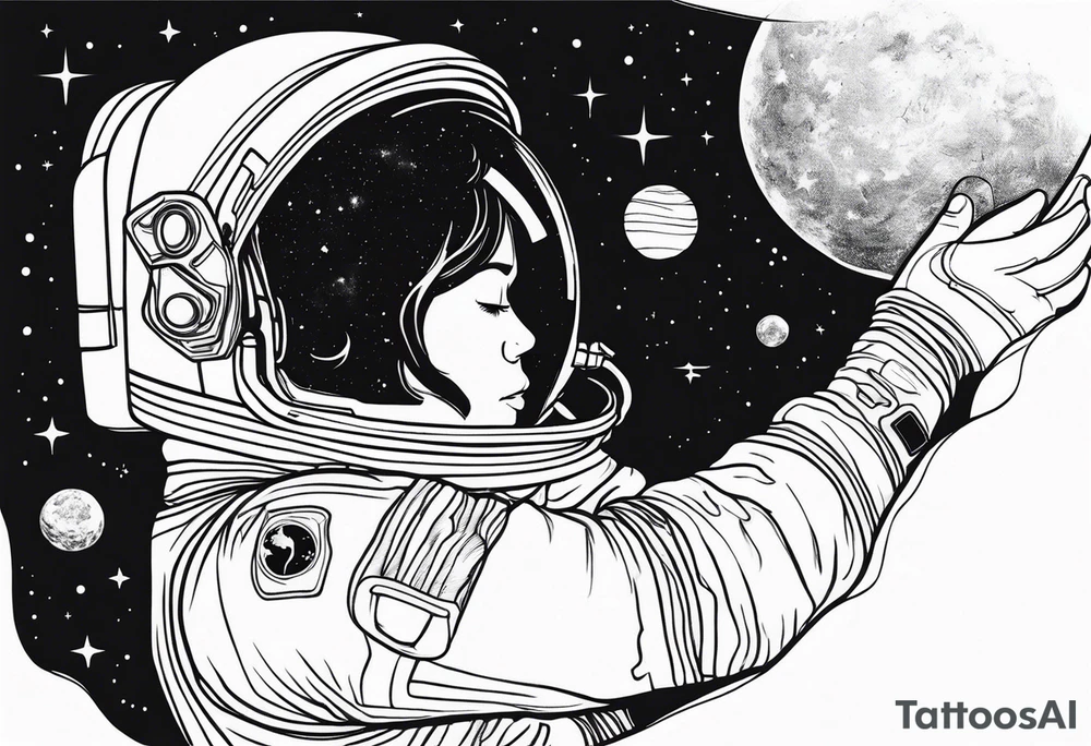 an astronaut hunched over in space from the back holding a planet in his hands tattoo idea