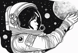 an astronaut hunched over in space from the back holding a planet in his hands tattoo idea
