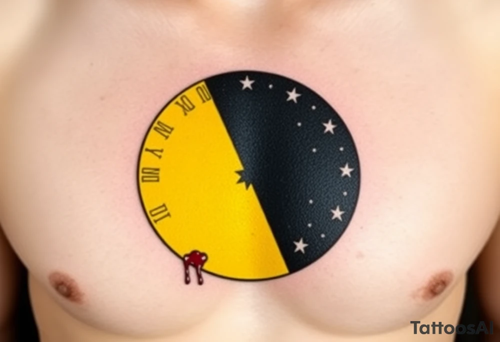 Donbass flag in a circle, colours black and yellow sun. Sun is bleading with blood. 5 cm diameter. Локація: ліва верхня частина грудей, ближче до серця tattoo idea