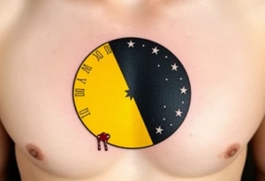 Donbass flag in a circle, colours black and yellow sun. Sun is bleading with blood. 5 cm diameter. Локація: ліва верхня частина грудей, ближче до серця tattoo idea